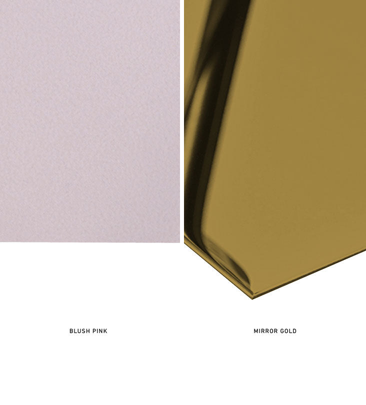 Materials used for Kashida's Modern Sofa design in gold and blush pink