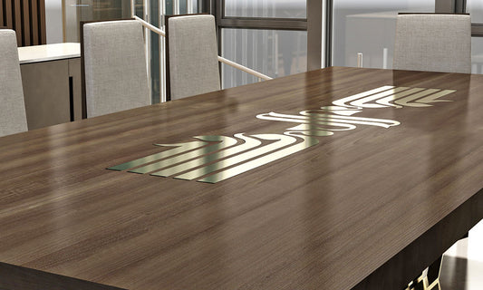 Commissioned luxurious modern Arabic calligraphy dining table in wood with brass inlay