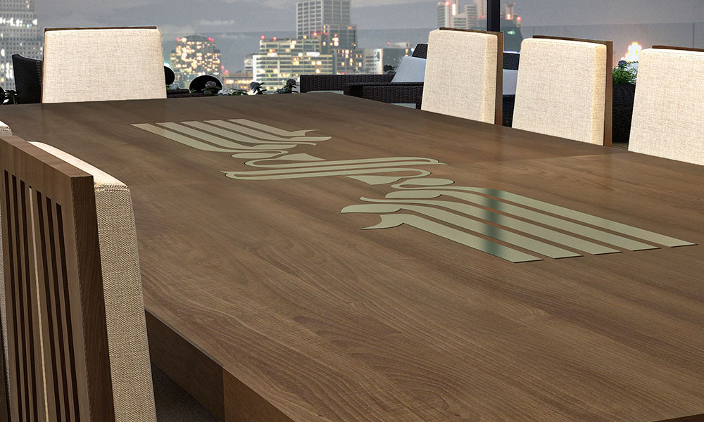 Commissioned luxurious modern Arabic calligraphy dining table in wood with brass inlay