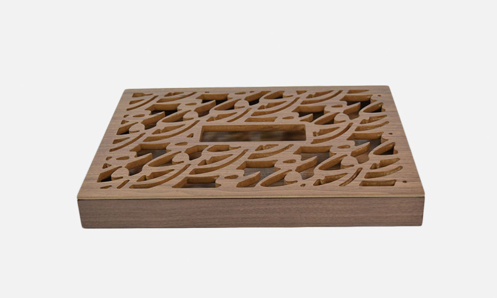 Commissioned wooden box for corporate brochure in Arabic calligraphy
