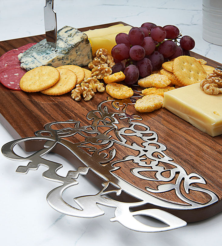 Elegant silver and walnut wood cheese board in Arabic calligraphy 