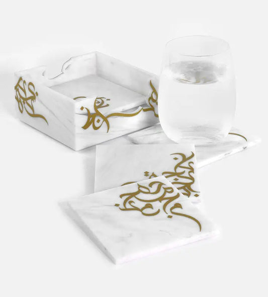 Set of 6 marble acrylic coasters with Arabic graffiti print	