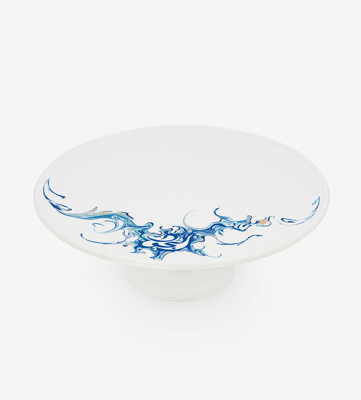 Contemporary porcelain cake stand with Arabic calligraphy fluid art