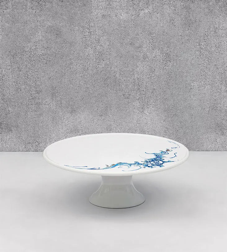 Contemporary porcelain cake stand with Arabic calligraphy fluid art