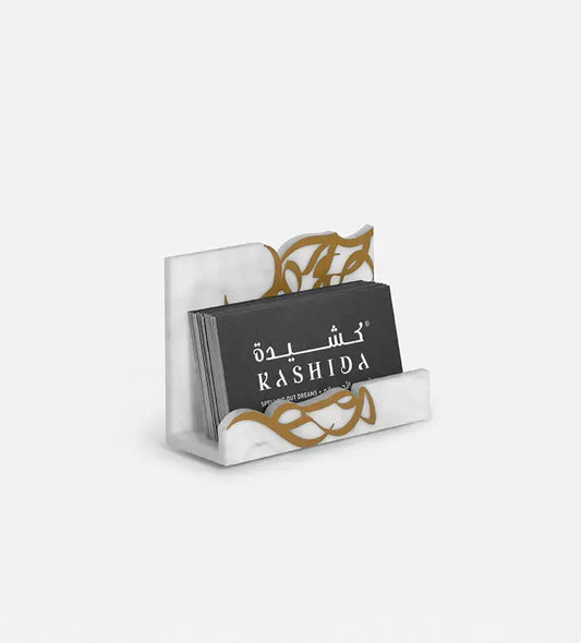 Small marble acrylic card holder for desk in Arabic graffiti print