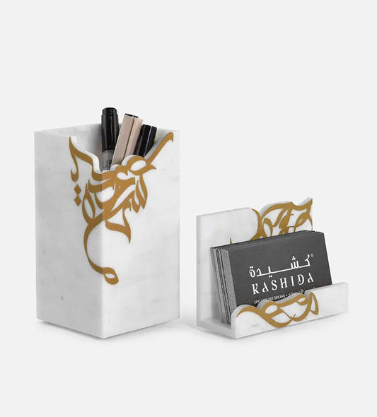 Small marble acrylic card holder for desk in Arabic graffiti print