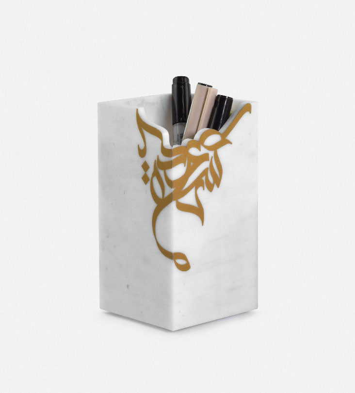 Modern marble acrylic pen holder for desk in Arabic graffiti print