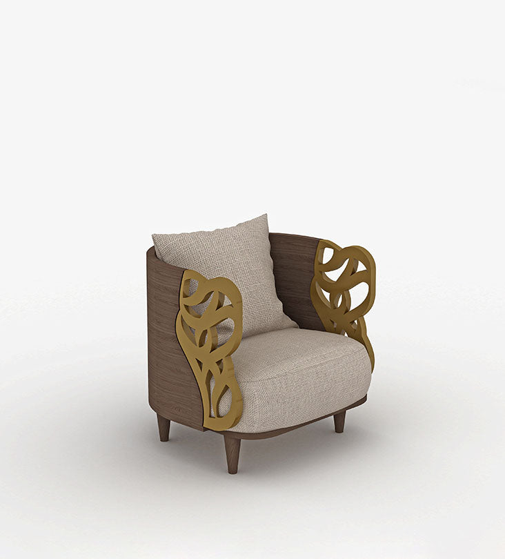 Luxurious round armchair with gold Arabic calligraphy and walnut wood by Kashida design