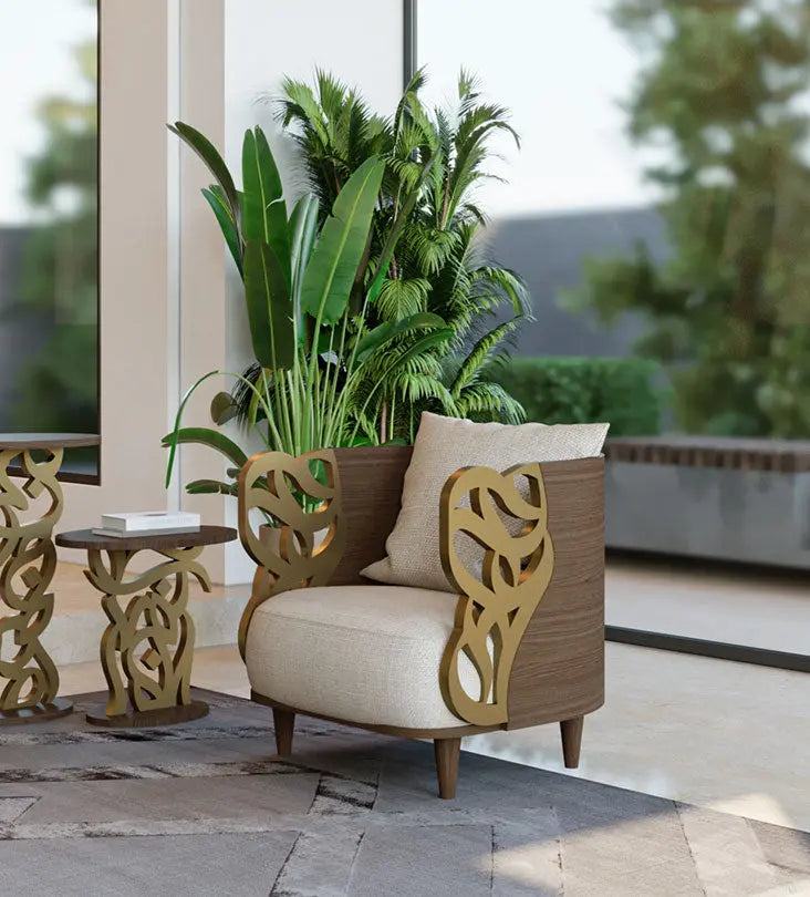Luxurious round armchair with gold Arabic calligraphy and walnut wood by Kashida design