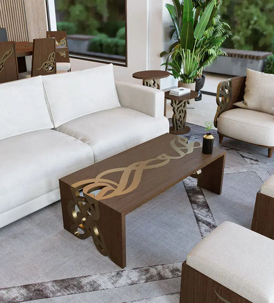 Luxurious gold and walnut wood coffee table with arabic letters woodwork on edges featuring modern arabic calligraphy from kashida design