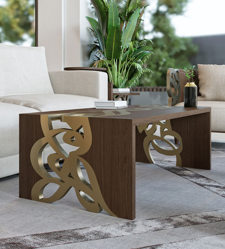 Luxurious gold and walnut wood coffee table with arabic letters woodwork on edges featuring modern arabic calligraphy from kashida design