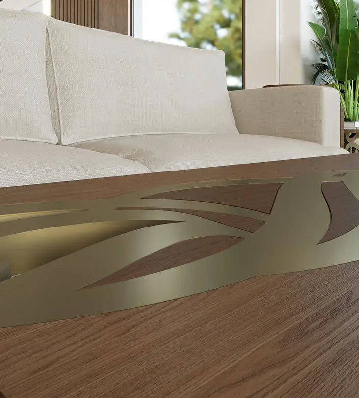 Luxurious gold and walnut wood coffee table with arabic letters woodwork on edges featuring modern arabic calligraphy from kashida design