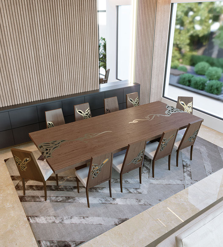 Luxurious dining table with Arabic calligraphy woodwork in gold and walnut wood