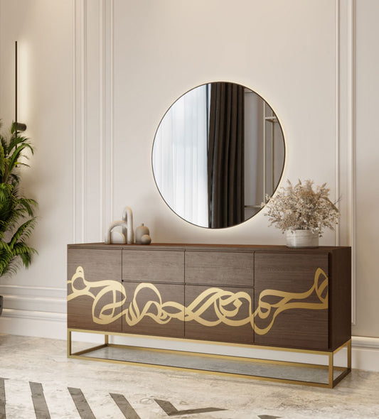 Unique dining room sideboard with Arabic calligraphy with storage and buffet top