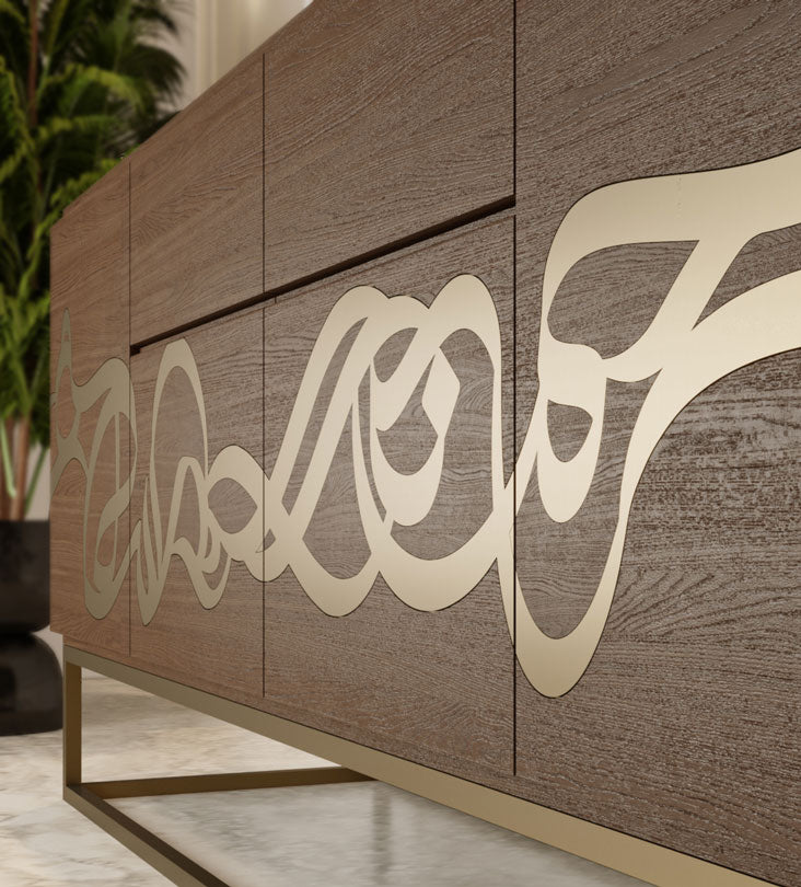 Unique dining room sideboard with Arabic calligraphy with storage and buffet top