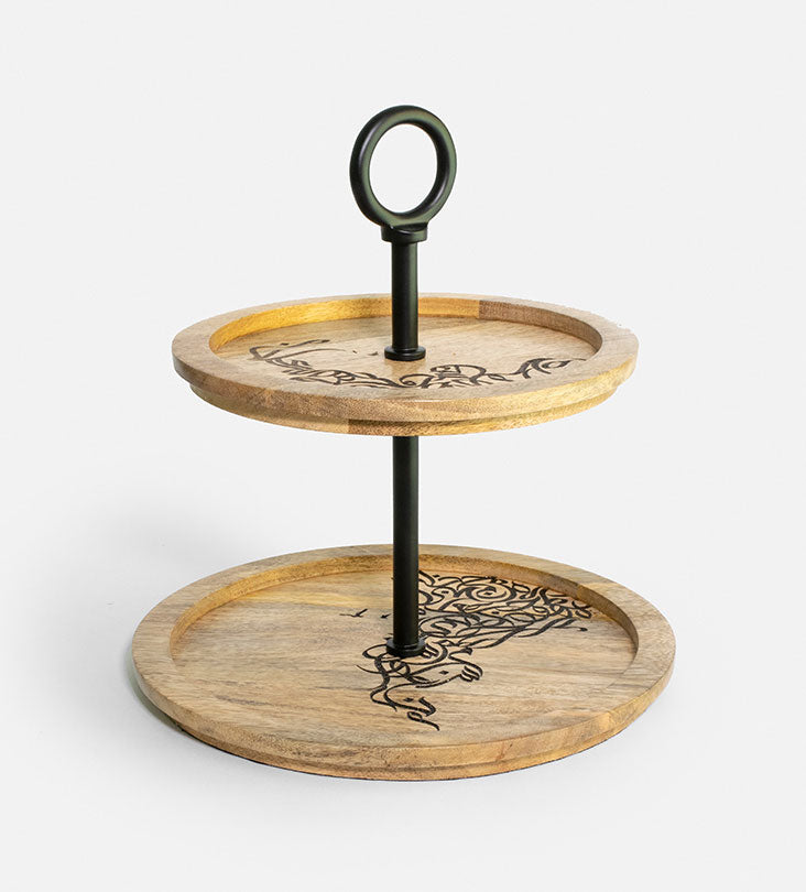 Wooden double-tier stand with Arabic graffiti etching