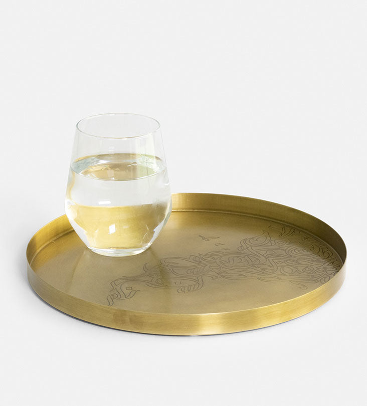 Brass round tray with contemporary Arabic graffiti etchings