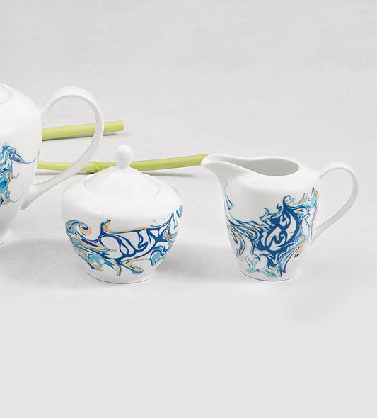 Contemporary creamer for tea set with Arabic calligraphy fluid art