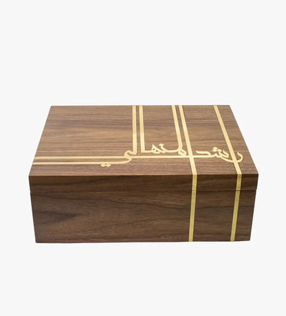 Personalized luxurious humidor in walnut and cedar wood with Arabic calligraphy names