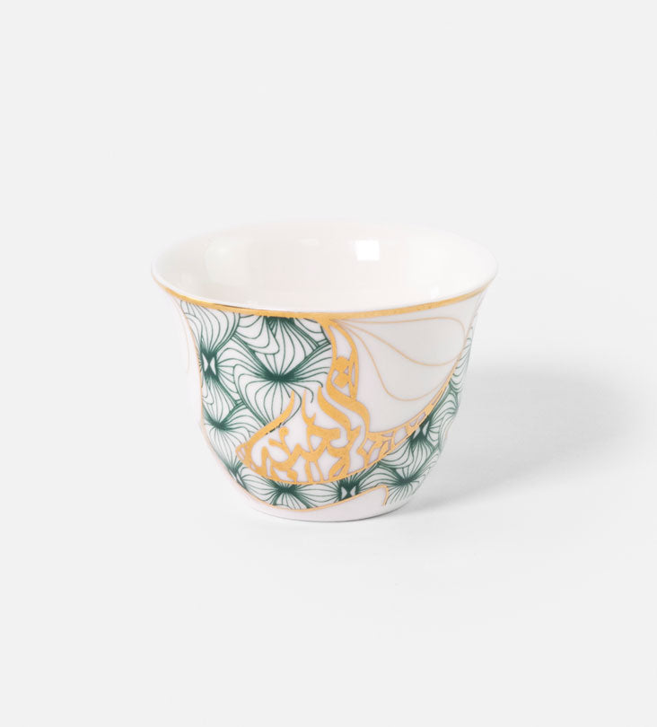 Porcelain Arabic coffee cup by Kashida in emerald green and gold hues
