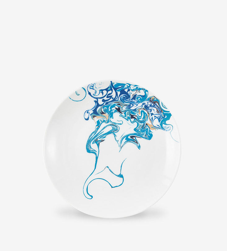 Contemporary porcelain salad plate with Arabic calligraphy fluid art