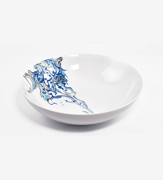 Contemporary porcelain serving bowl with Arabic calligraphy fluid art