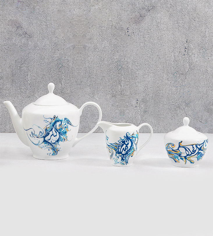 Contemporary sugar bowl for tea set with Arabic calligraphy fluid art