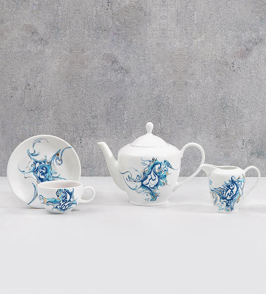 Contemporary porcelain tea pot with Arabic calligraphy fluid art