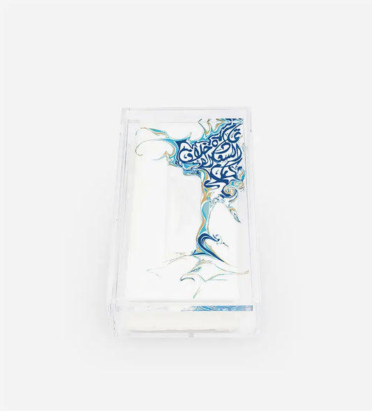 Contemporary acrylic tissue box with Arabic calligraphy fluid art