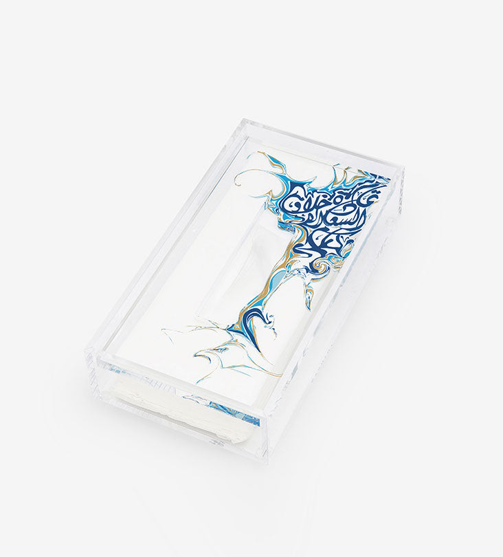 Contemporary acrylic tissue box with Arabic calligraphy fluid art