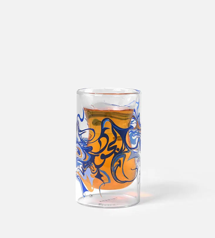 Contemporary glass tea cups with Arabic calligraphy fluid art