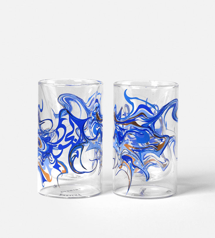 Contemporary glass tea cups with Arabic calligraphy fluid art