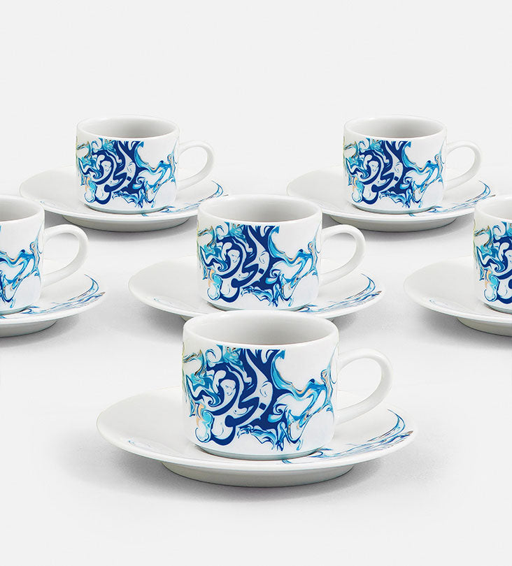 Contemporary porcelain espresso cups with Arabic calligraphy fluid art