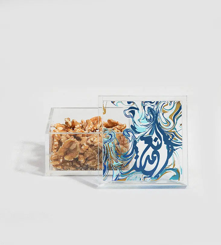 Contemporary transparent acrylic storage box with Arabic calligraphy fluid art