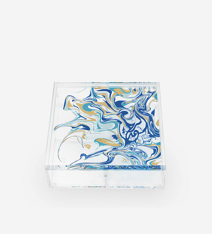 Contemporary transparent acrylic storage box with Arabic calligraphy fluid art