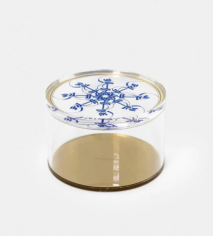 Medium Acrylic cylinder container in royal blue and gold with Arabic calligraphy pattern for storing sweets 