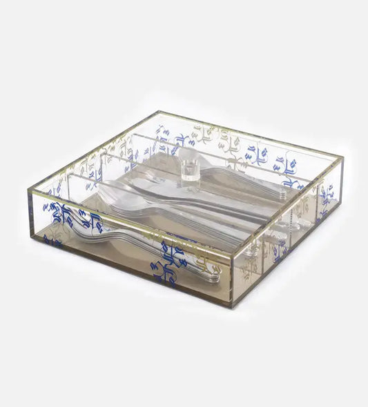 Transparent acrylic cutlery holder with four compartments featuring modern Arabic calligraphy by Kashida