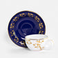 Elegant royal blue and gold tea cup and saucer with Arabic calligraphy pattern print on porcelain