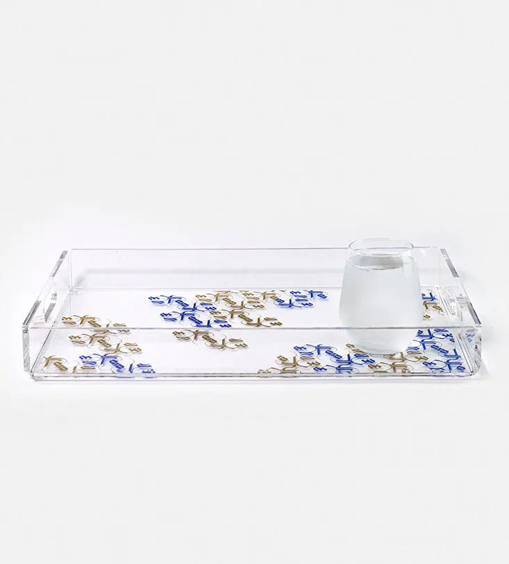 Modern acrylic tray with printed Arabic calligraphy pattern in royal blue and gold