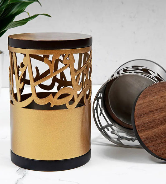 Round metal and wood incense burner with Arabic calligraphy