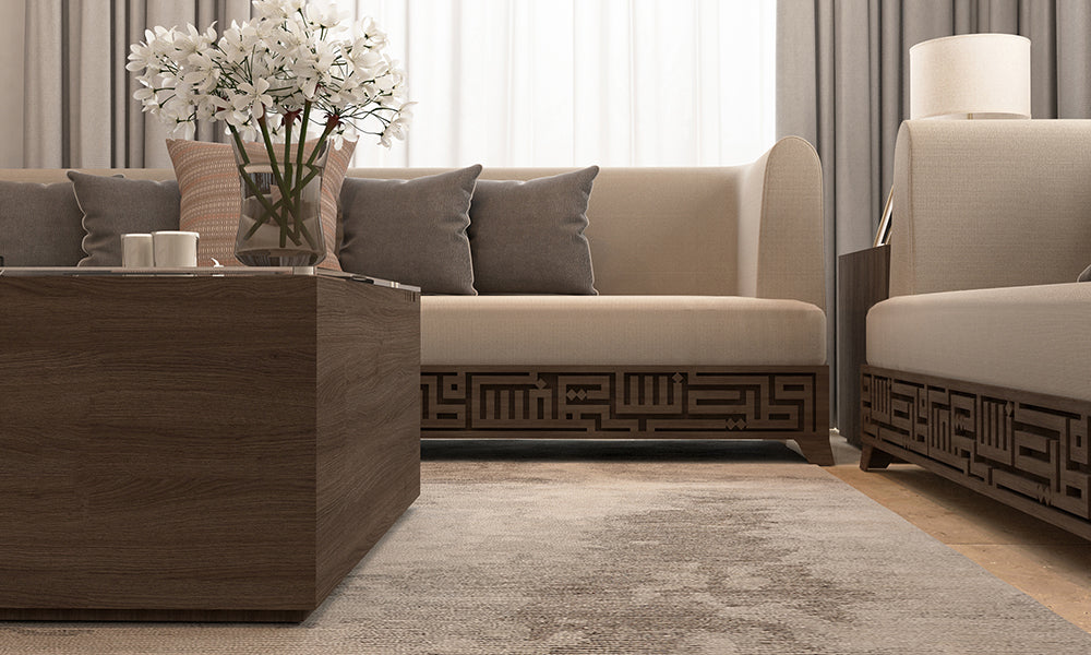 Arabic calligraphy furniture by Kashida designed within a modern majlis living room design 