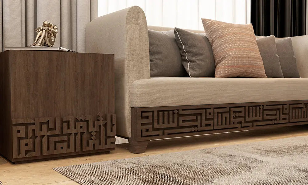 Arabic calligraphy furniture by Kashida designed within a modern majlis living room design 