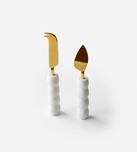 White marble and brass cheese knives by Kashida to complement Moments Cheese Board