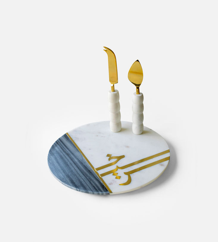 White marble and brass cheese knives by Kashida to complement Moments Cheese Board