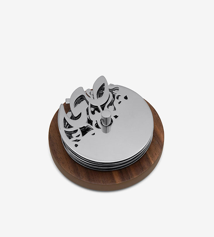 Round silver coasters with wooden base in Arabic calligraphy