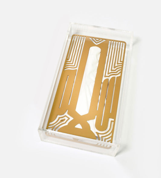 Metal and acrylic tissue box in Arabic calligraphy line art gold
